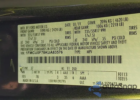 2019 Ford Escape S z USA, uszkodzony, nr VIN 1FMCU0F78KUA83576